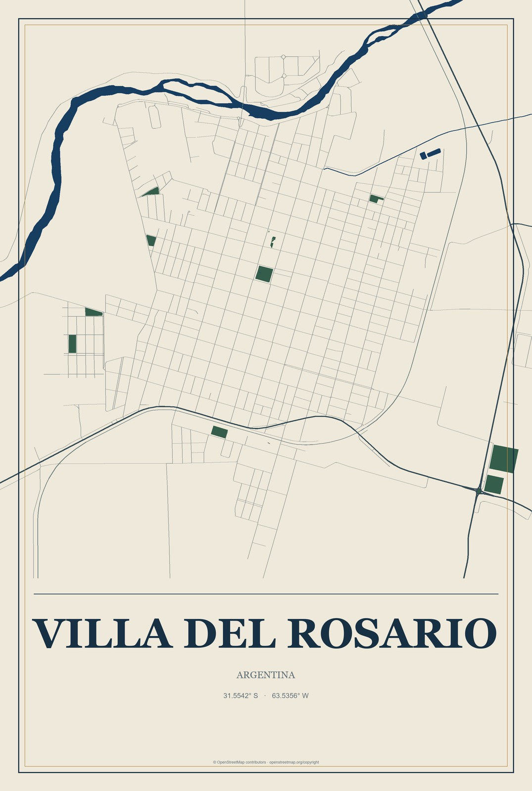 Villa del Rosario, Argentina City Map Aluminum Sign in Coastal Cutout style