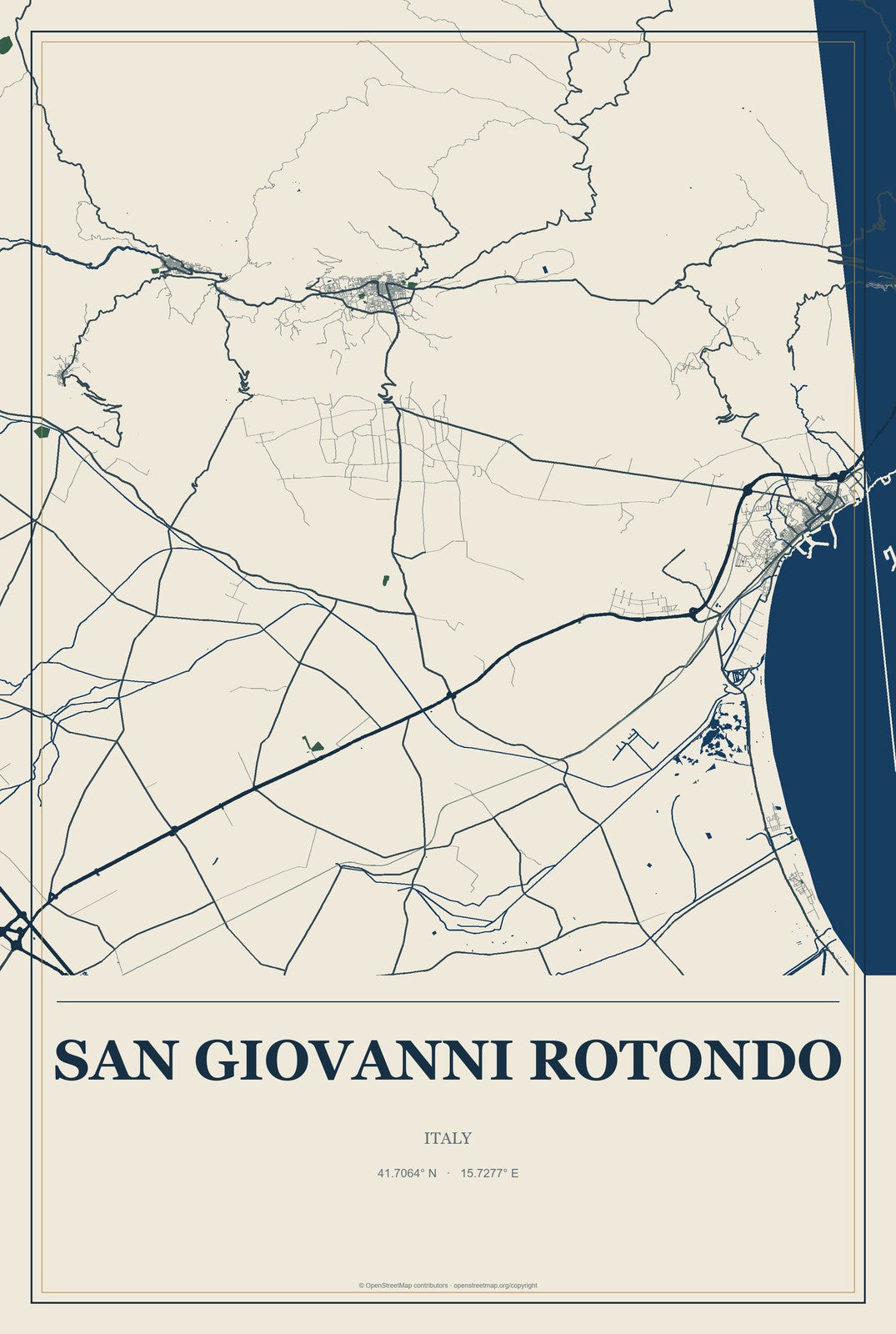 San Giovanni Rotondo, Italy City Map Aluminum Sign in Coastal Cutout style