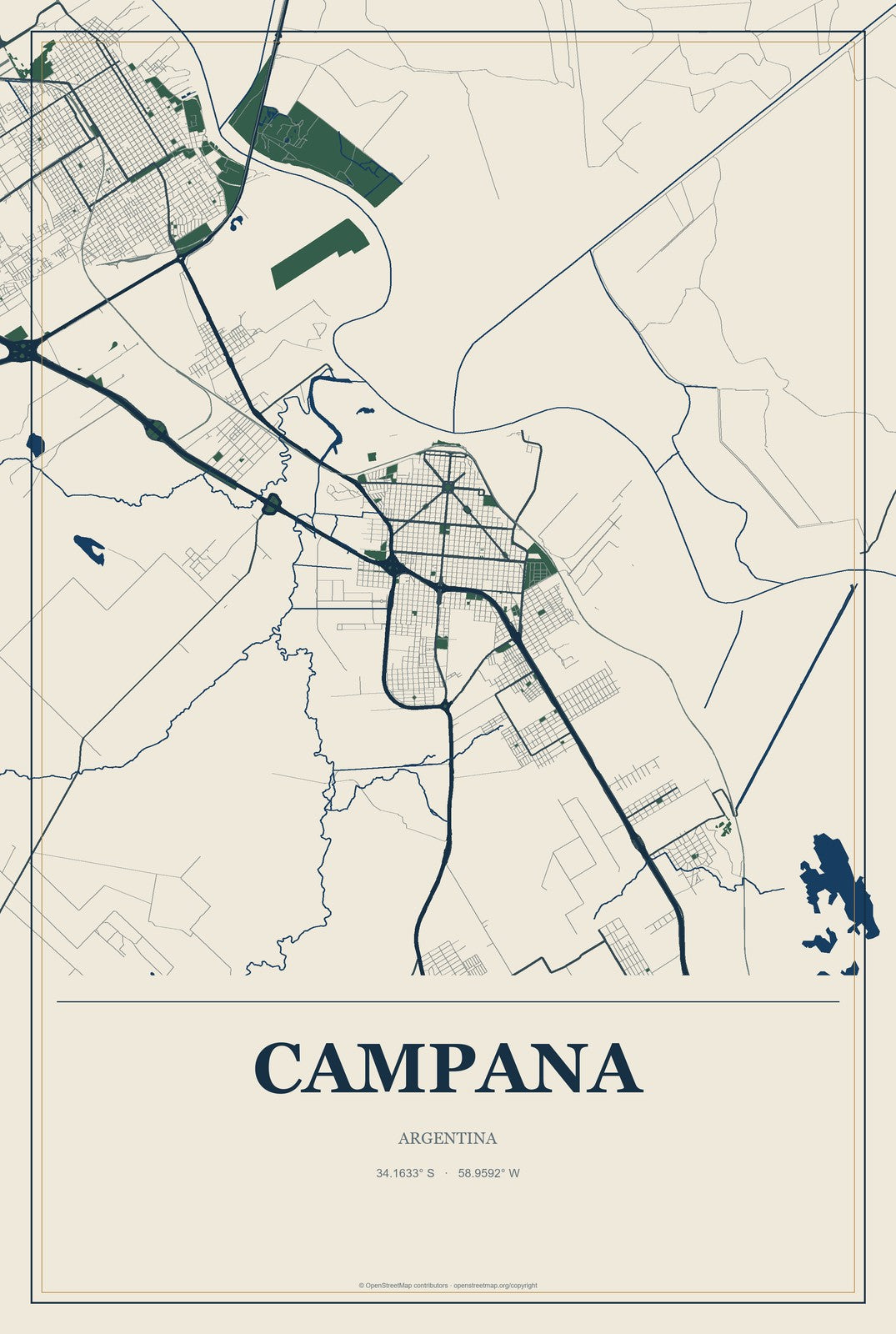 Campana, Argentina City Map Aluminum Sign in Coastal Cutout style