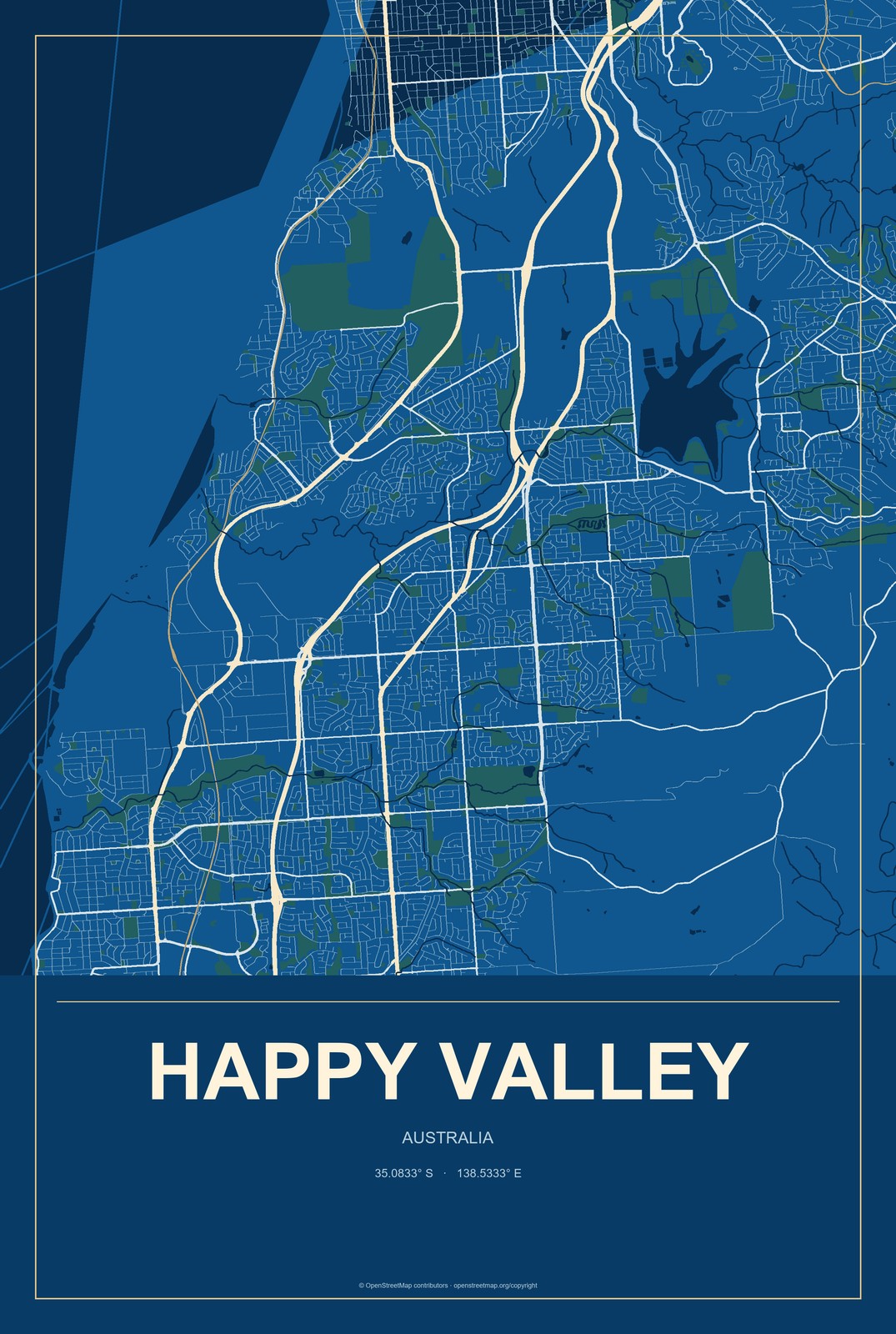 Happy Valley, Australia City Map Aluminum Sign in Harbor Cobalt style