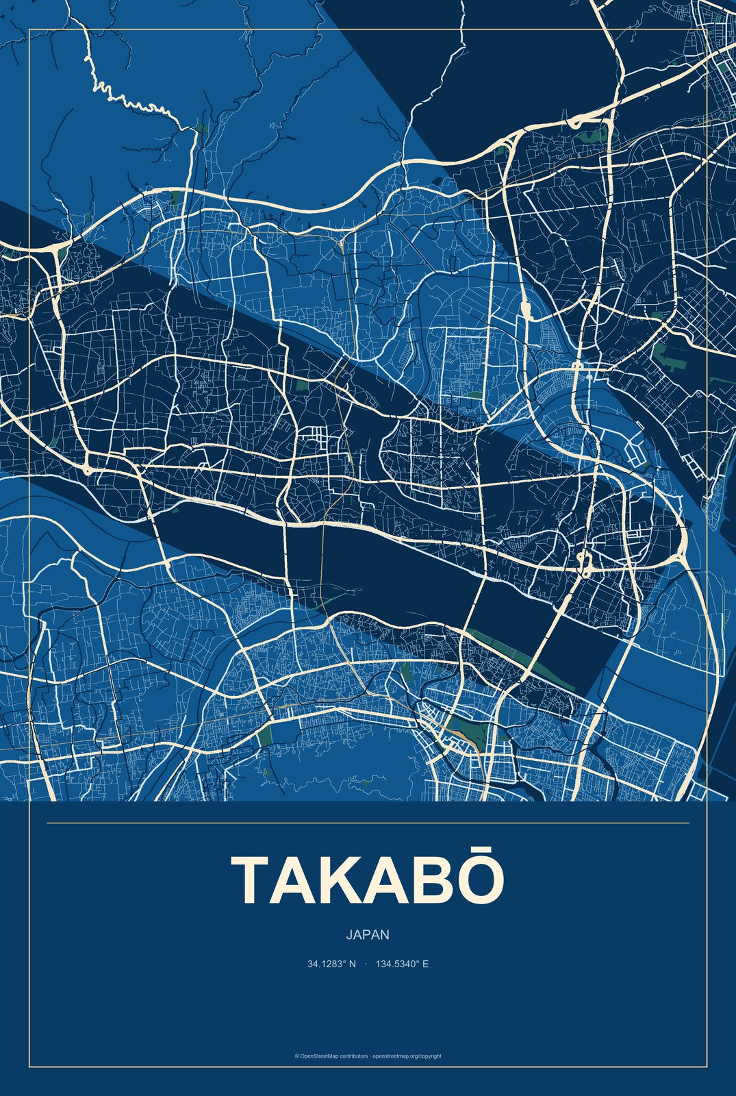 Takabō, Japan City Map Aluminum Sign in Harbor Cobalt style