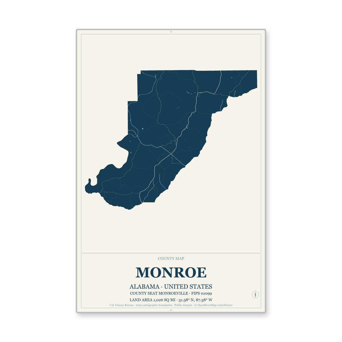 Monroe County, Alabama Map Aluminum Sign in Coastal Cutout style