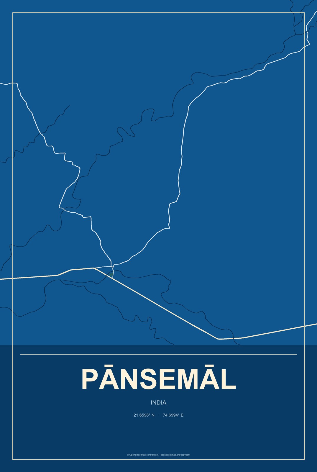 Pānsemāl, India City Map Aluminum Sign in Harbor Cobalt style