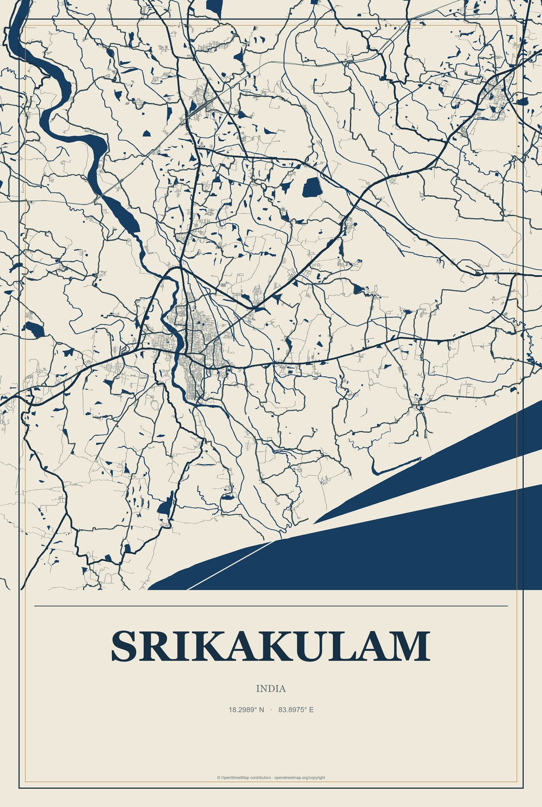 Srikakulam, India City Map Aluminum Sign in Coastal Cutout style