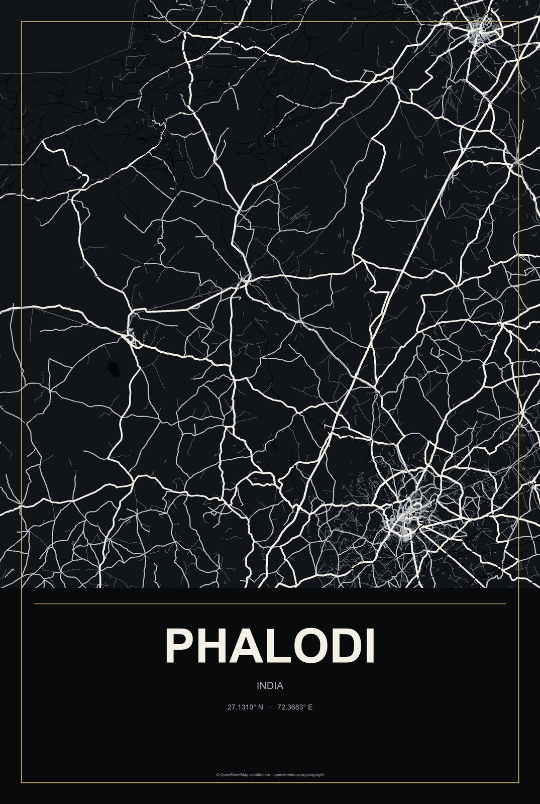 Phalodi, India City Map Aluminum Sign in Metropolitan Noir style
