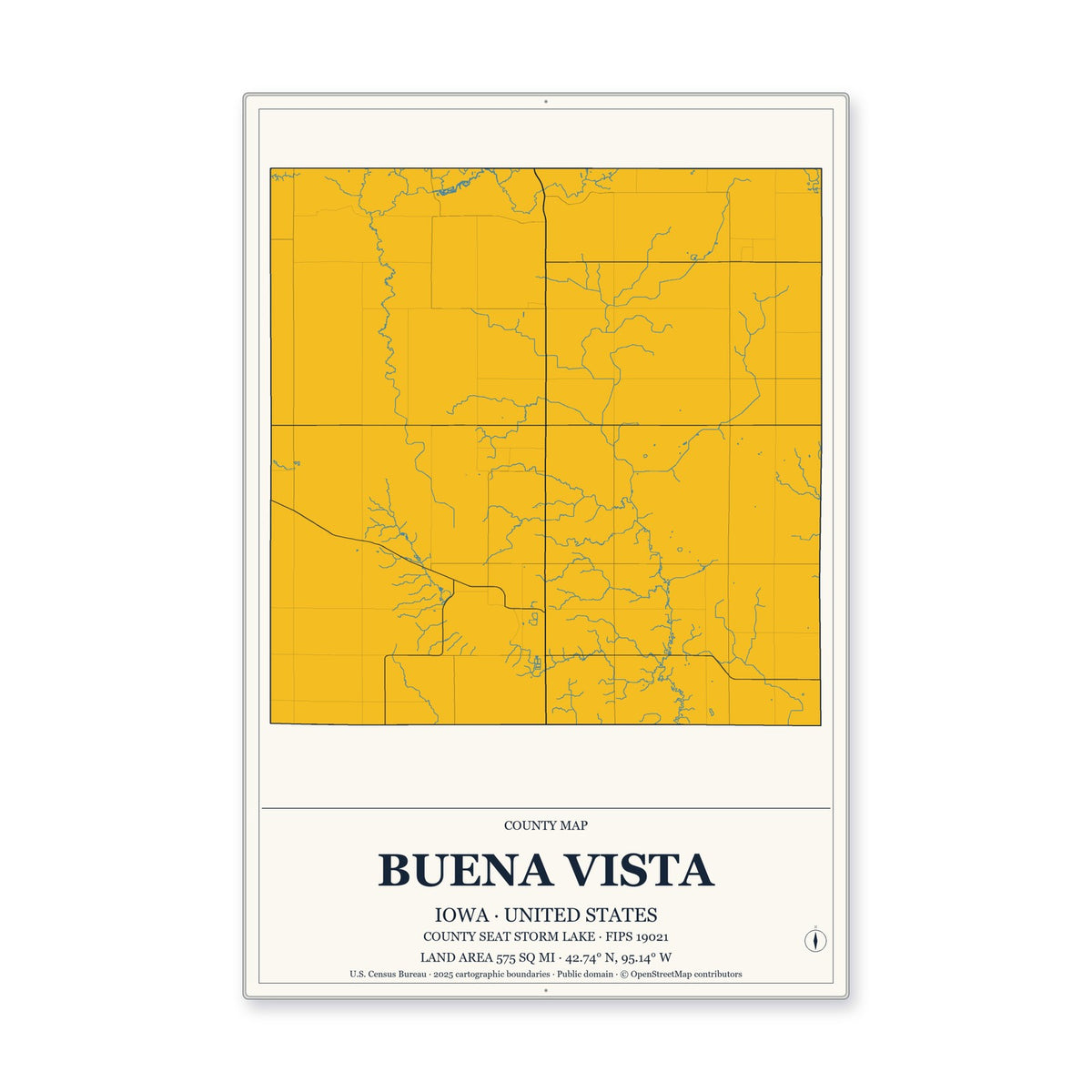 Buena Vista County, Iowa Map Aluminum Sign in Citrine Modern style