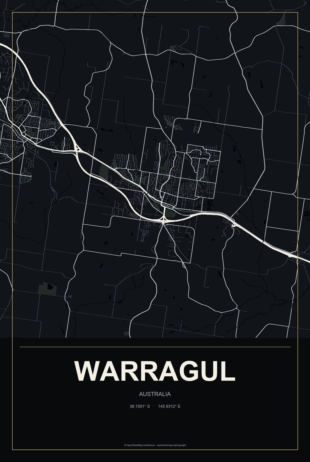Warragul, Australia City Map Aluminum Sign in Metropolitan Noir style