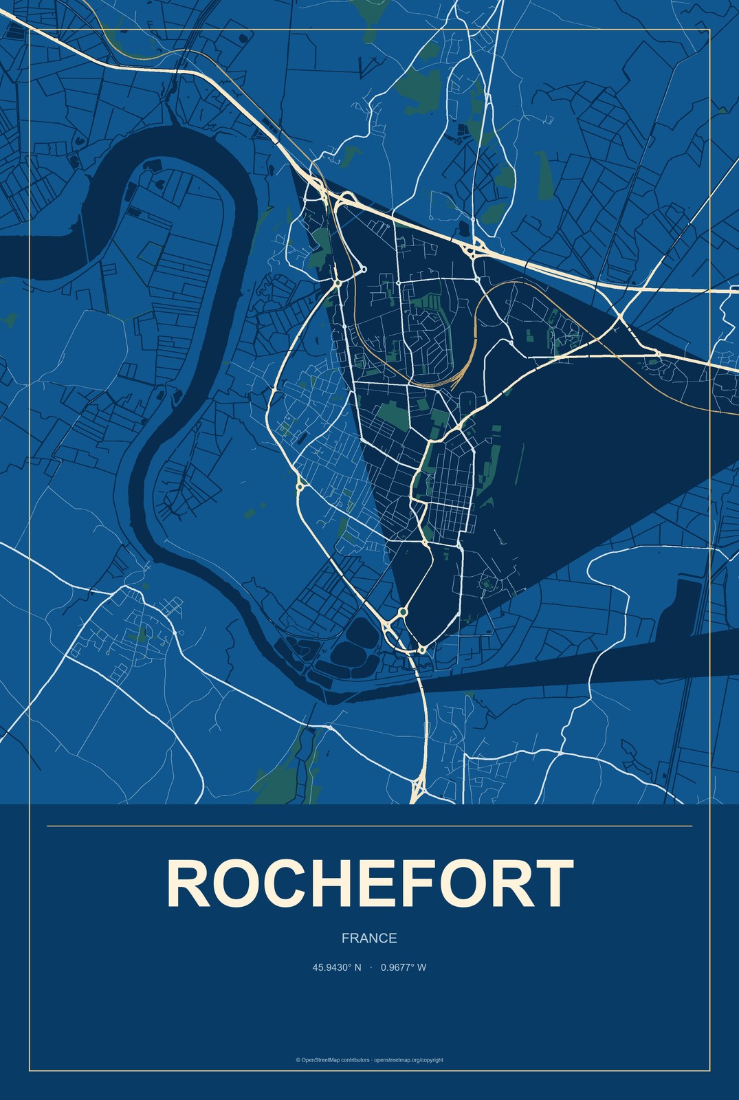 Rochefort, France City Map Aluminum Sign in Harbor Cobalt style