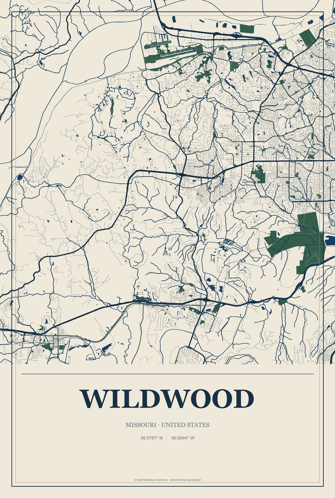 Wildwood, Missouri City Map Aluminum Sign in Coastal Cutout style