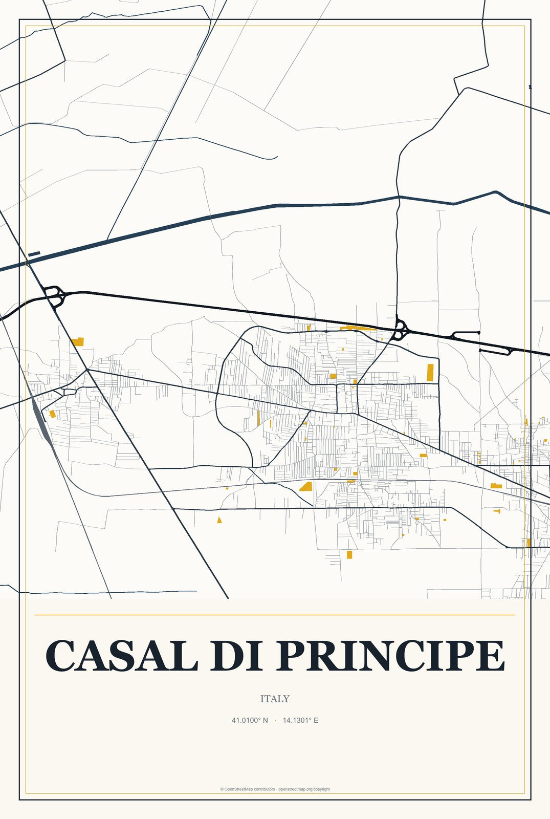 Casal di Principe, Italy City Map Aluminum Sign in Citrine Modern style