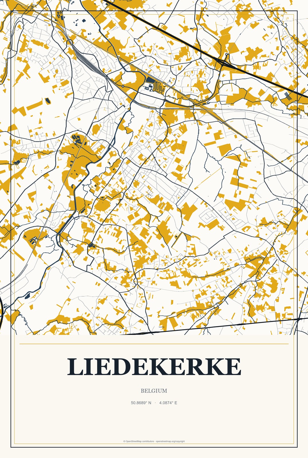 Liedekerke, Belgium City Map Aluminum Sign in Citrine Modern style