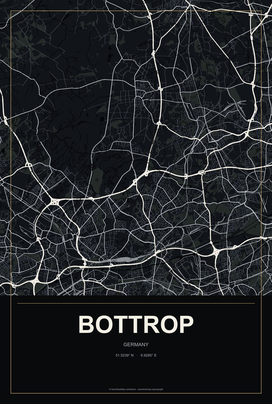 Bottrop, Germany City Map Aluminum Sign in Metropolitan Noir style