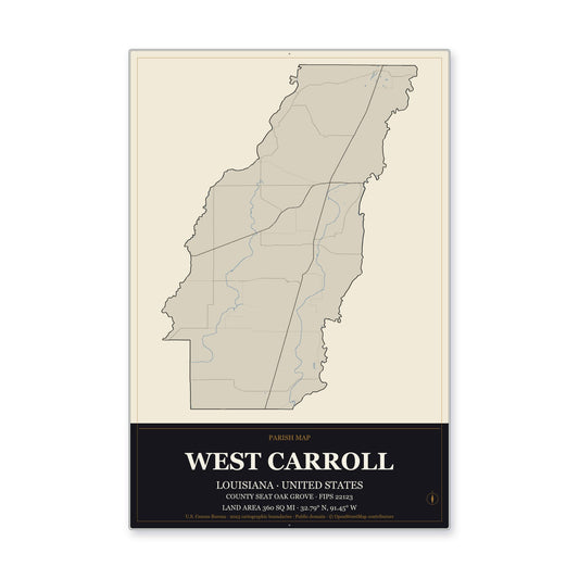 West Carroll Parish, Louisiana Map Aluminum Sign in Museum Plaque style