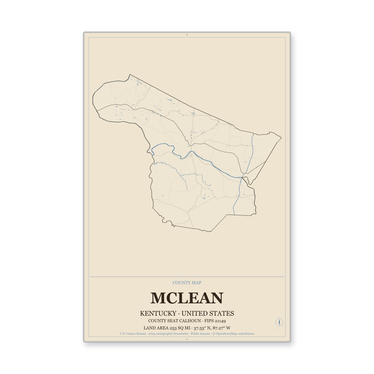 McLean County, Kentucky Map Aluminum Sign in Heritage Nautical style