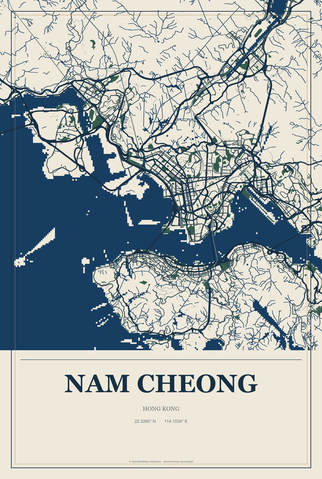 Nam Cheong, Hong Kong City Map Aluminum Sign in Coastal Cutout style