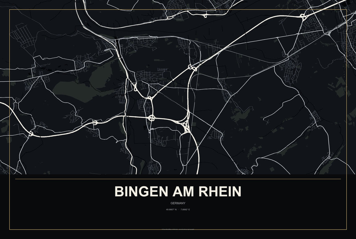 Bingen am Rhein, Germany City Map Aluminum Sign in Metropolitan Noir style