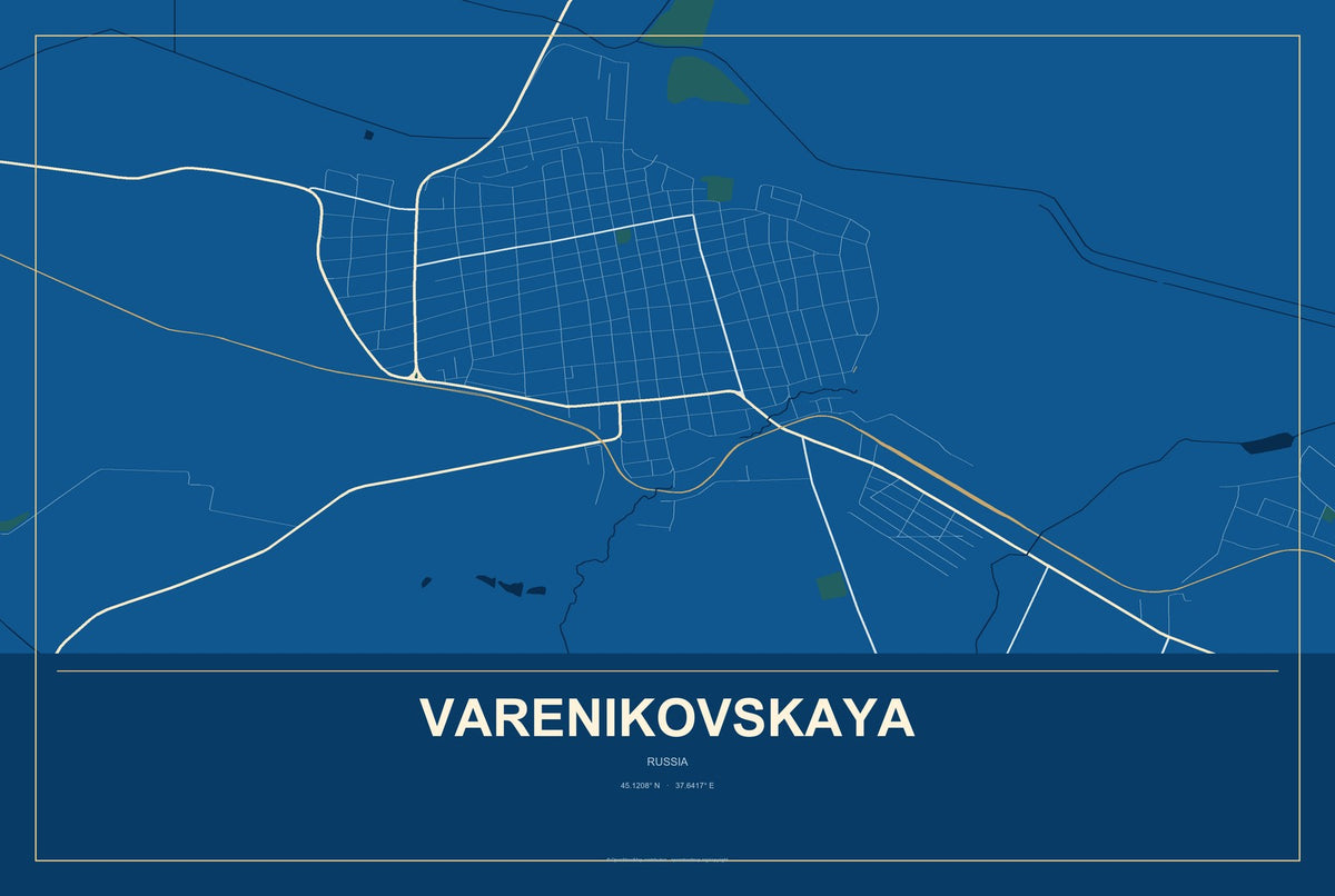 Varenikovskaya, Russia City Map Aluminum Sign in Harbor Cobalt style