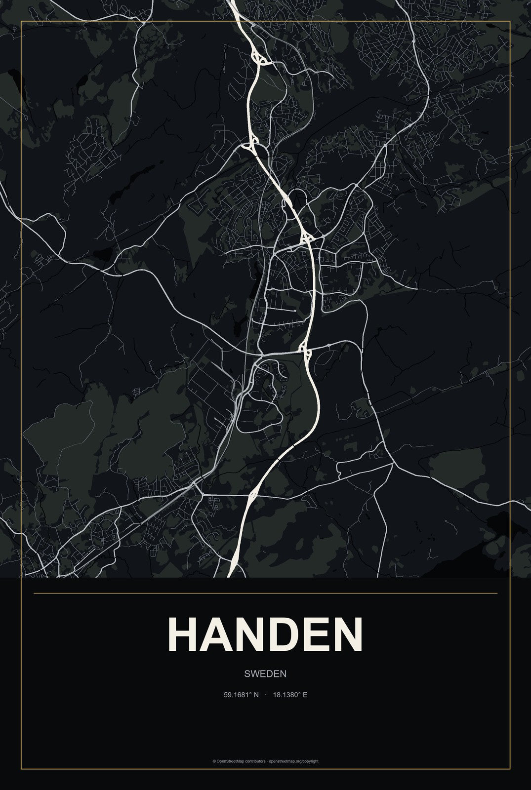 Handen, Sweden City Map Aluminum Sign in Metropolitan Noir style
