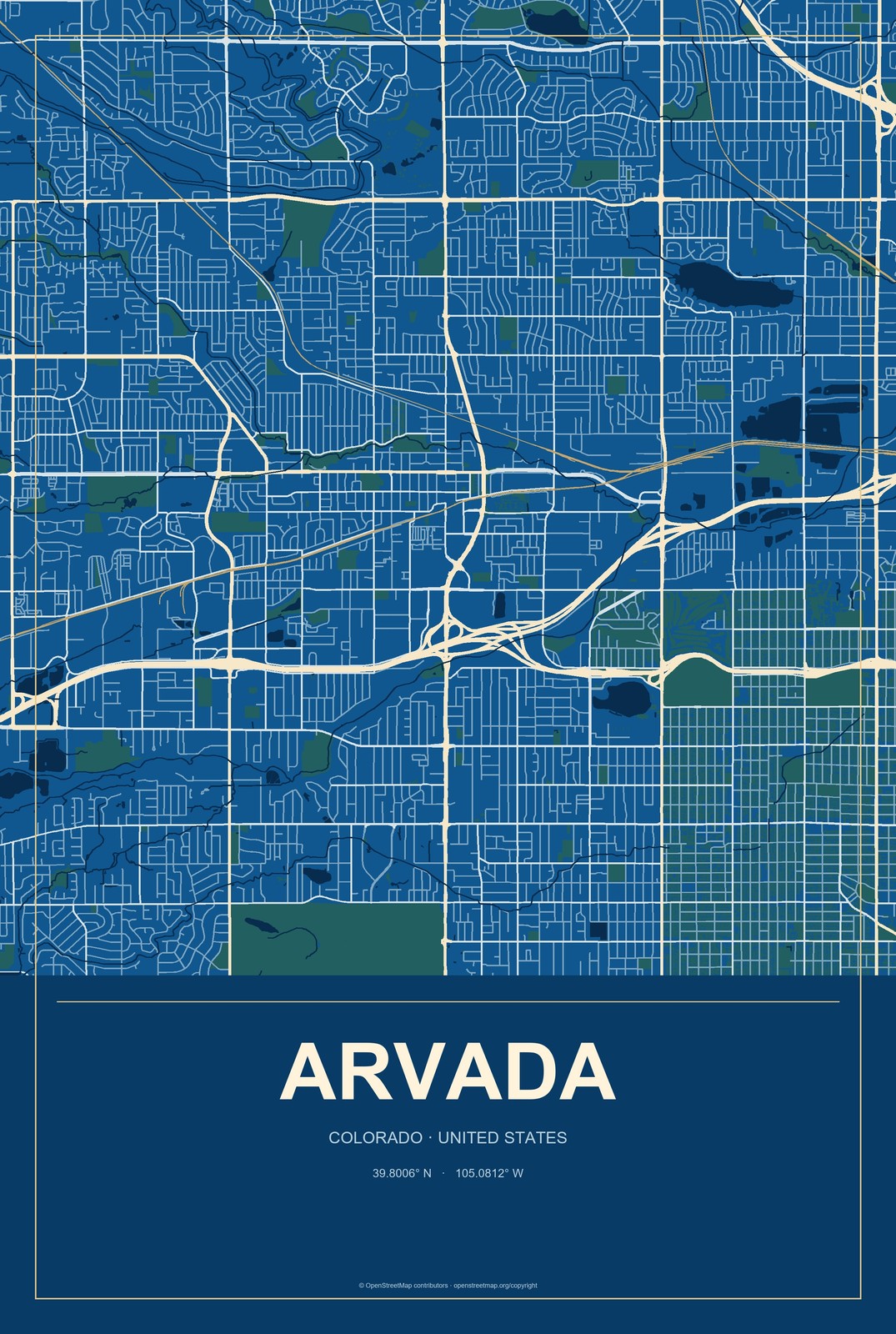 Arvada, Colorado City Map Aluminum Sign in Harbor Cobalt style