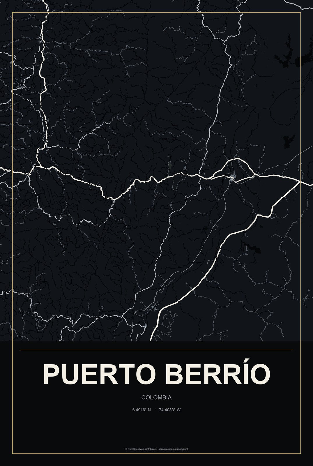 Puerto Berrío, Colombia City Map Aluminum Sign in Metropolitan Noir style