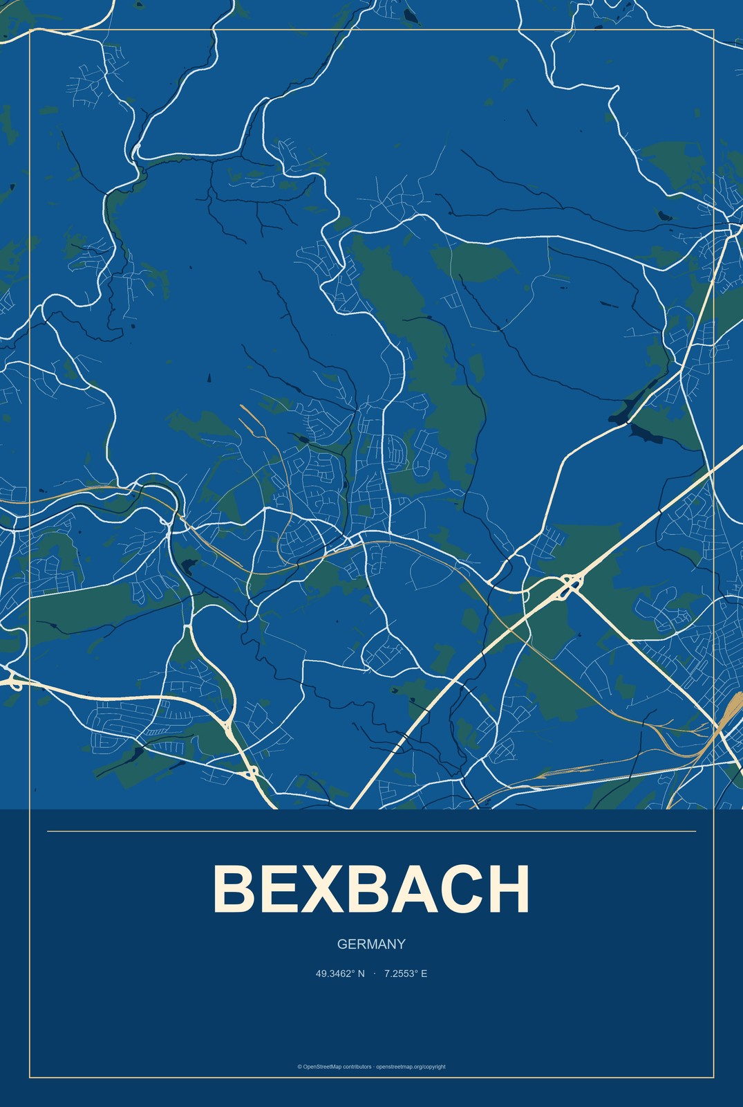 Bexbach, Germany City Map Aluminum Sign in Harbor Cobalt style