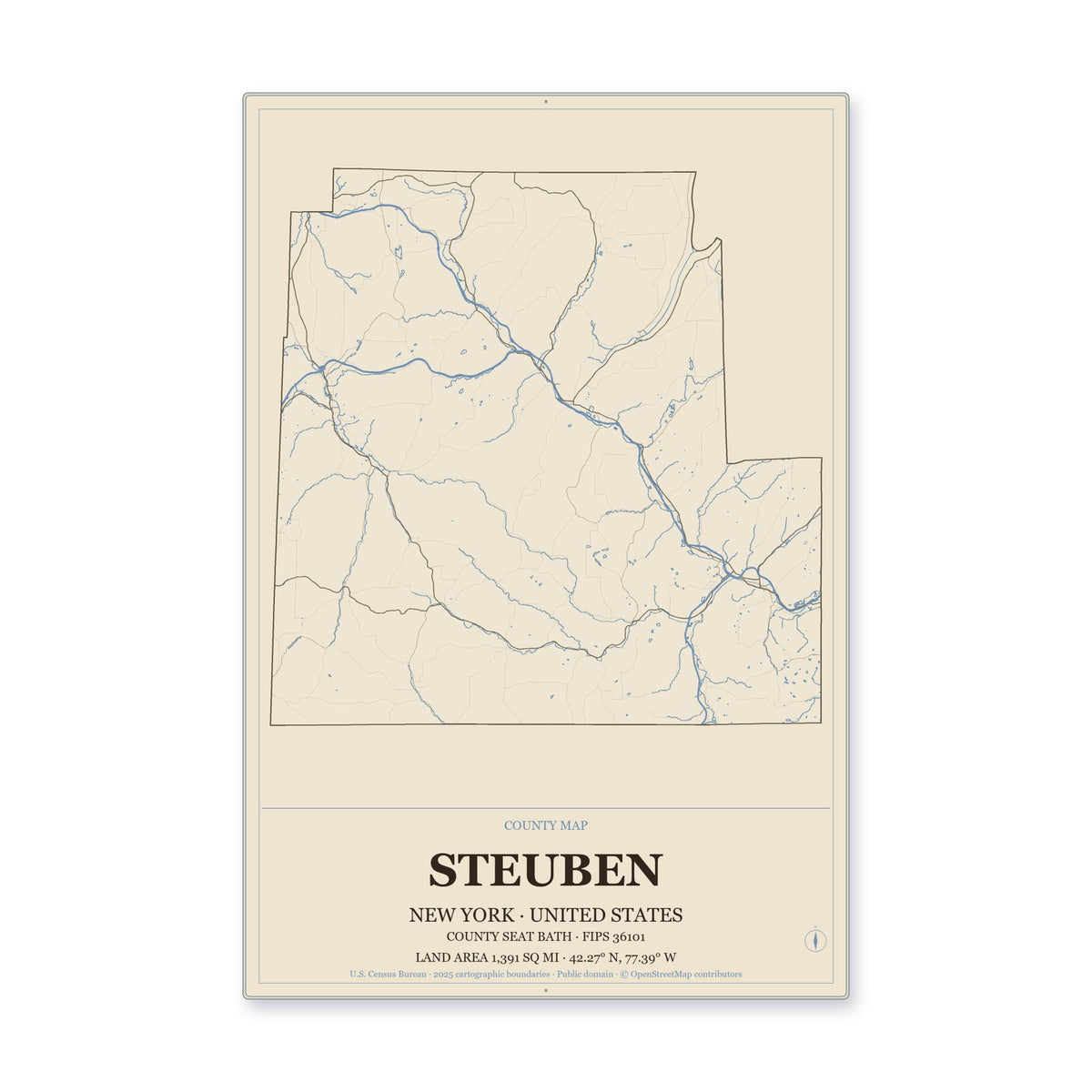 Steuben County, New York Map Aluminum Sign in Heritage Nautical style