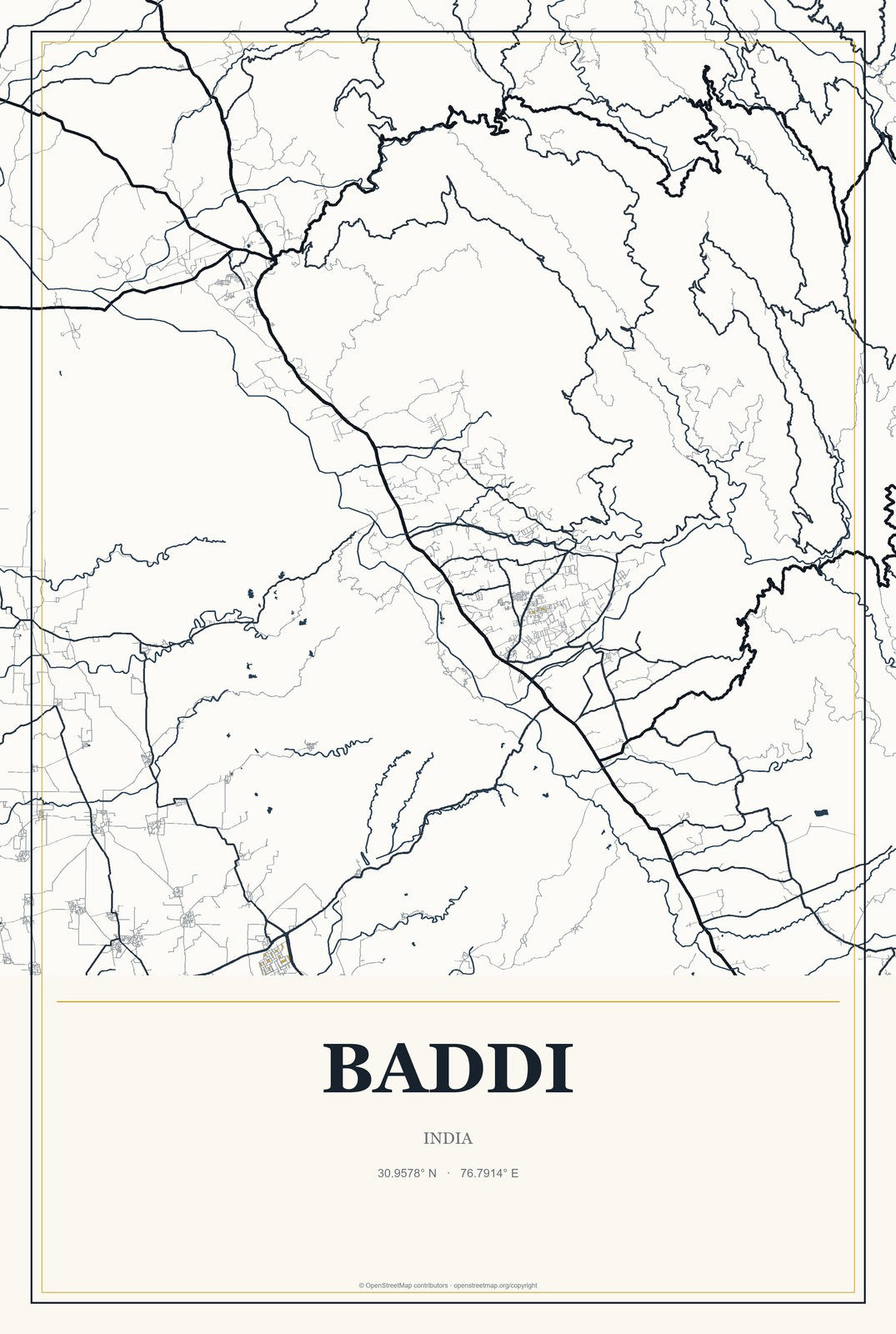 Baddi, India City Map Aluminum Sign in Citrine Modern style