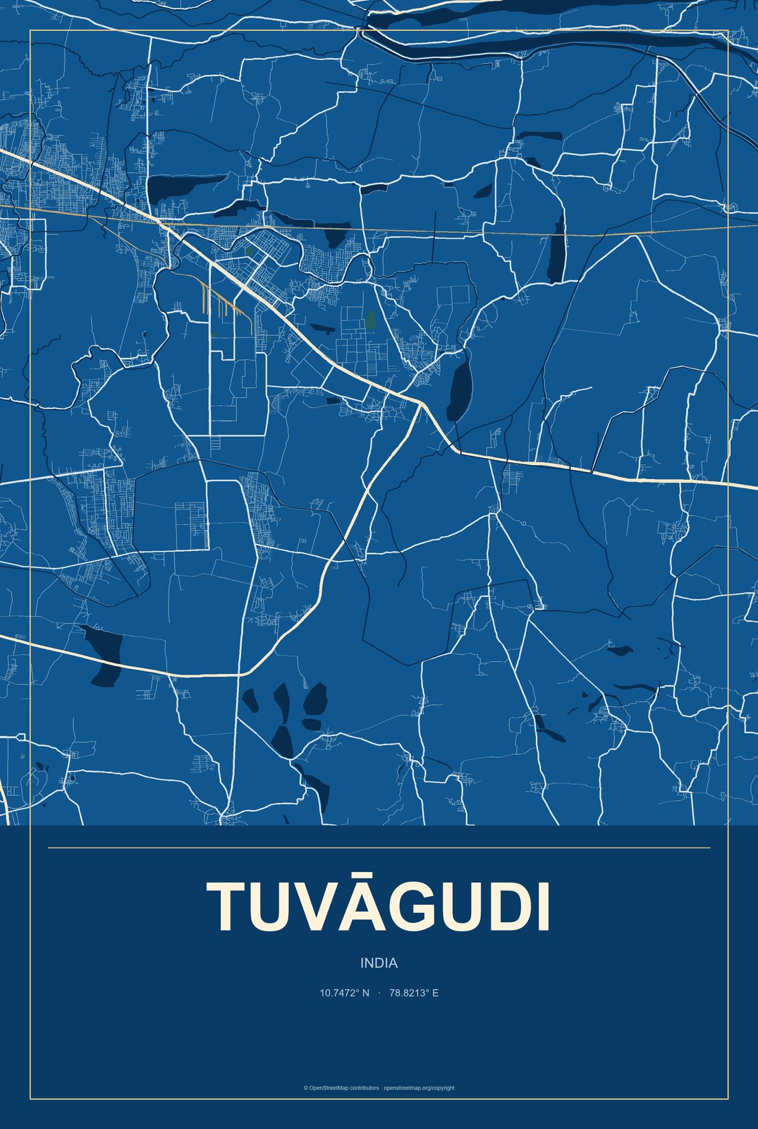 Tuvāgudi, India City Map Aluminum Sign in Harbor Cobalt style