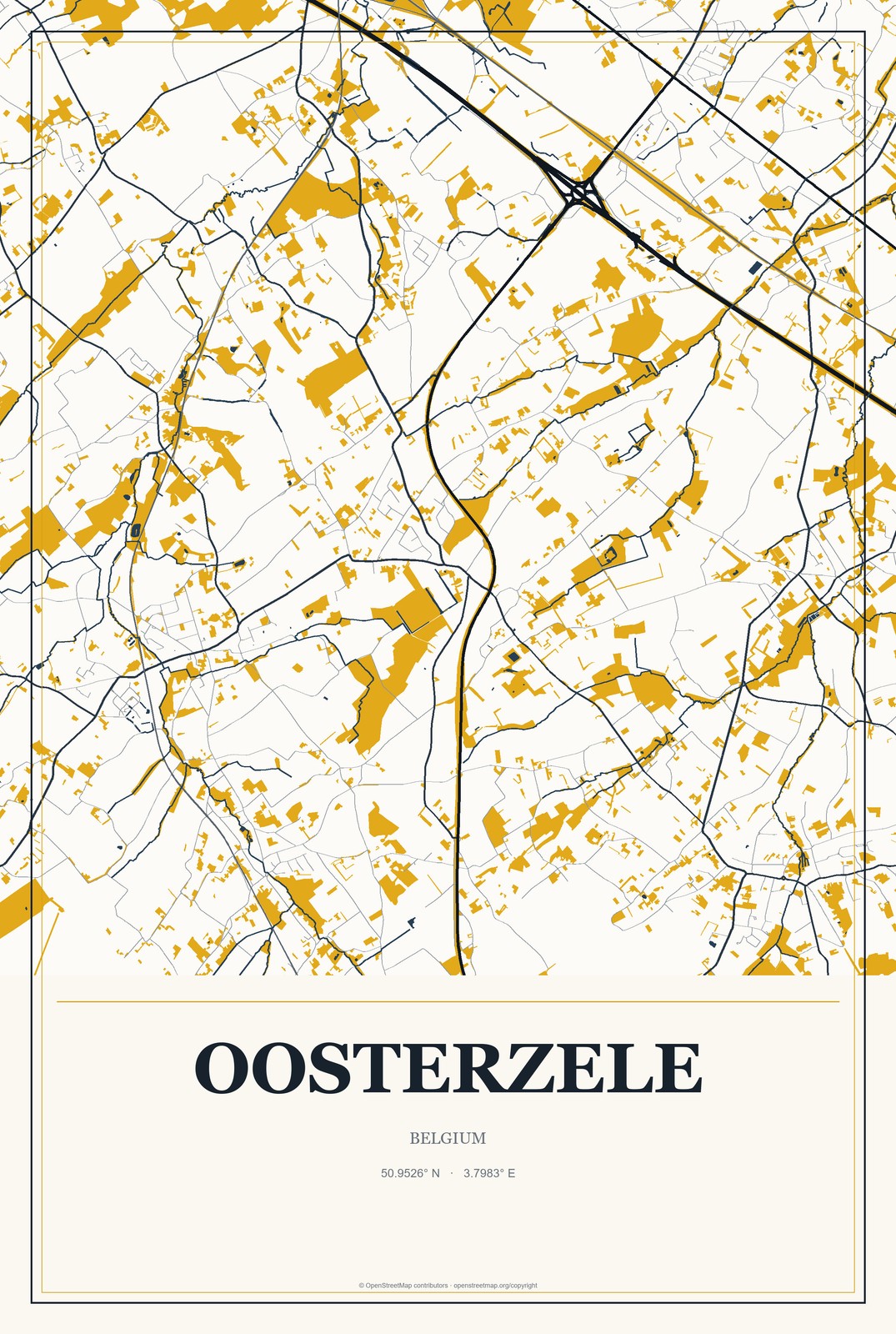 Oosterzele, Belgium City Map Aluminum Sign in Citrine Modern style