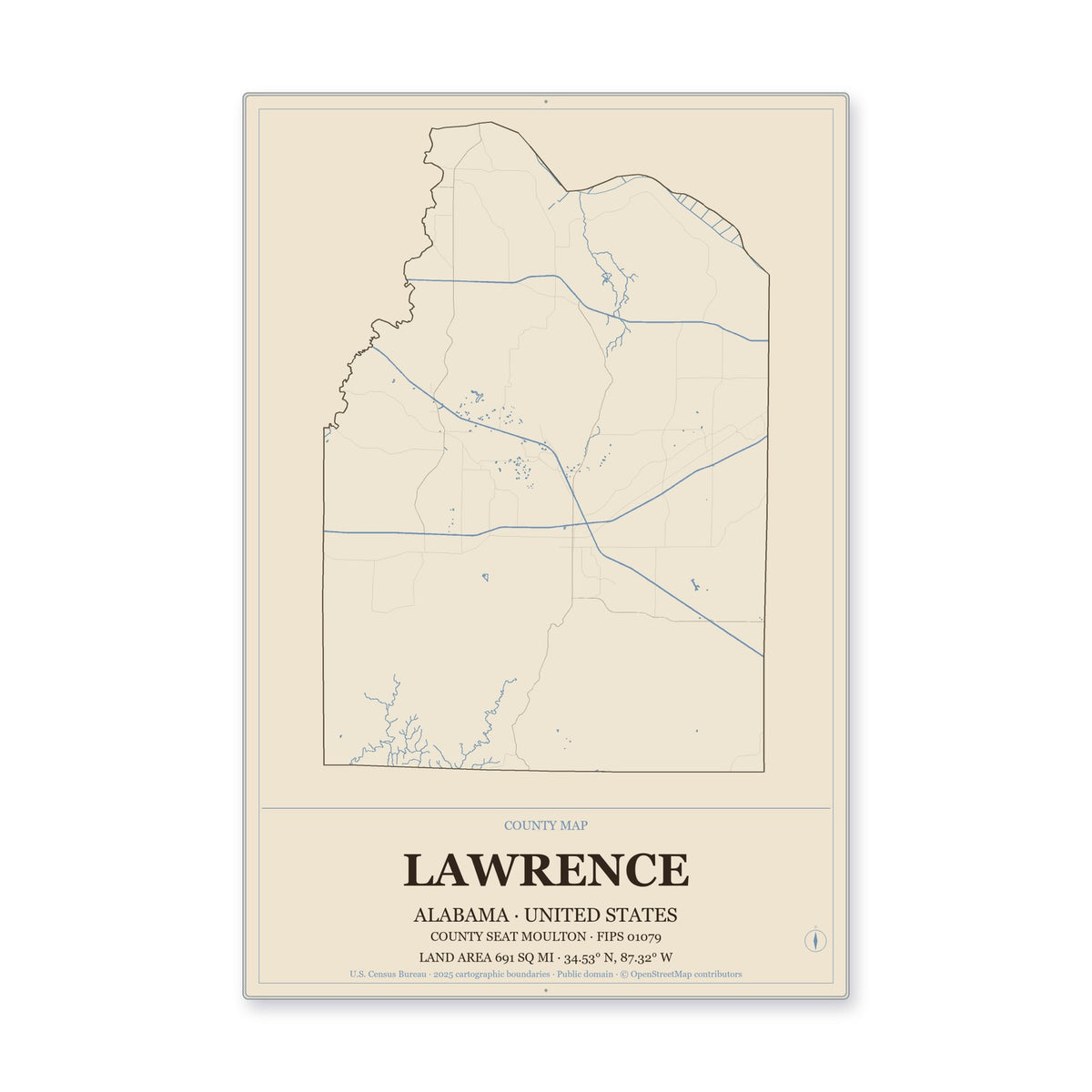 Lawrence County, Alabama Map Aluminum Sign in Heritage Nautical style