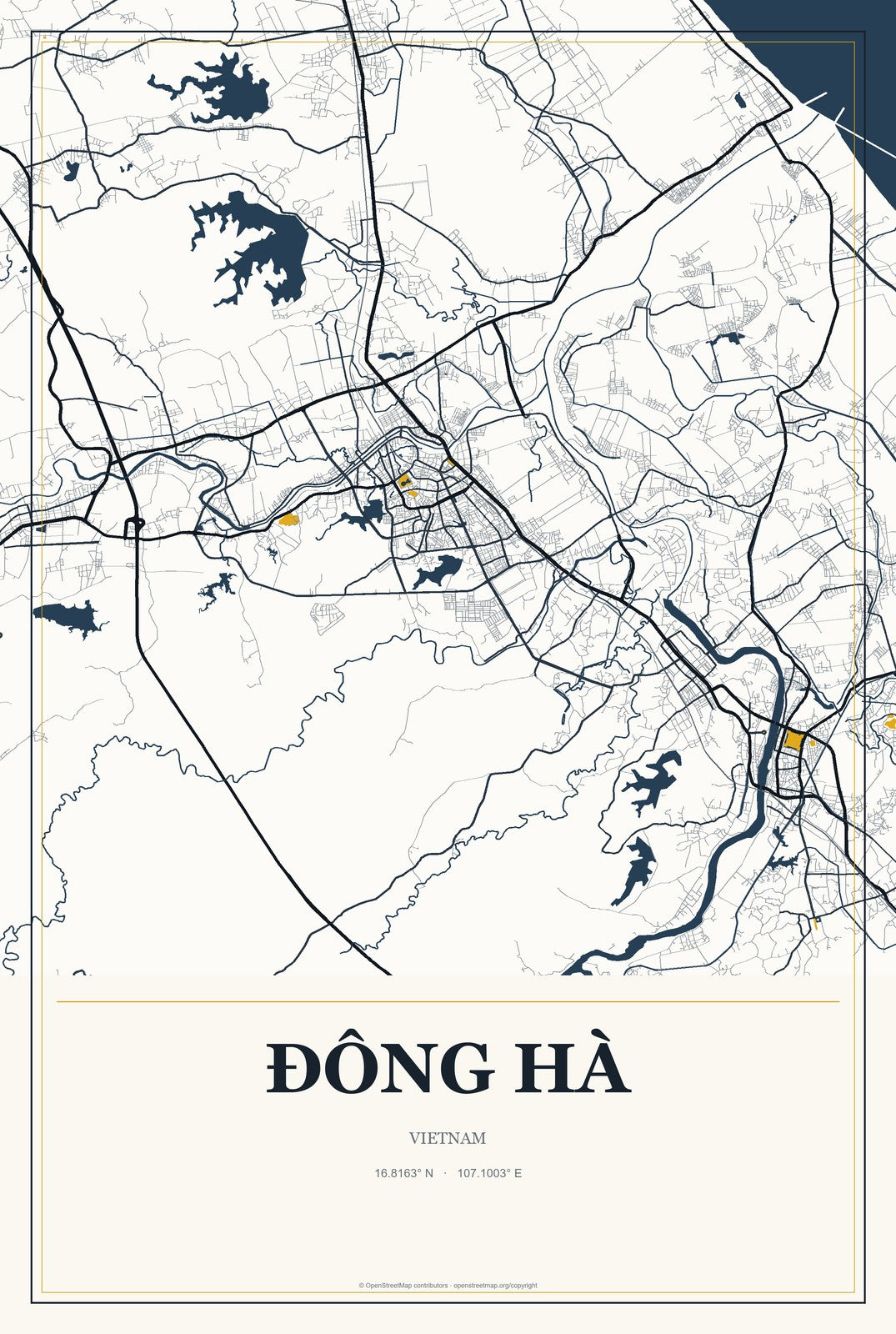 Ðông Hà, Vietnam City Map Aluminum Sign in Citrine Modern style