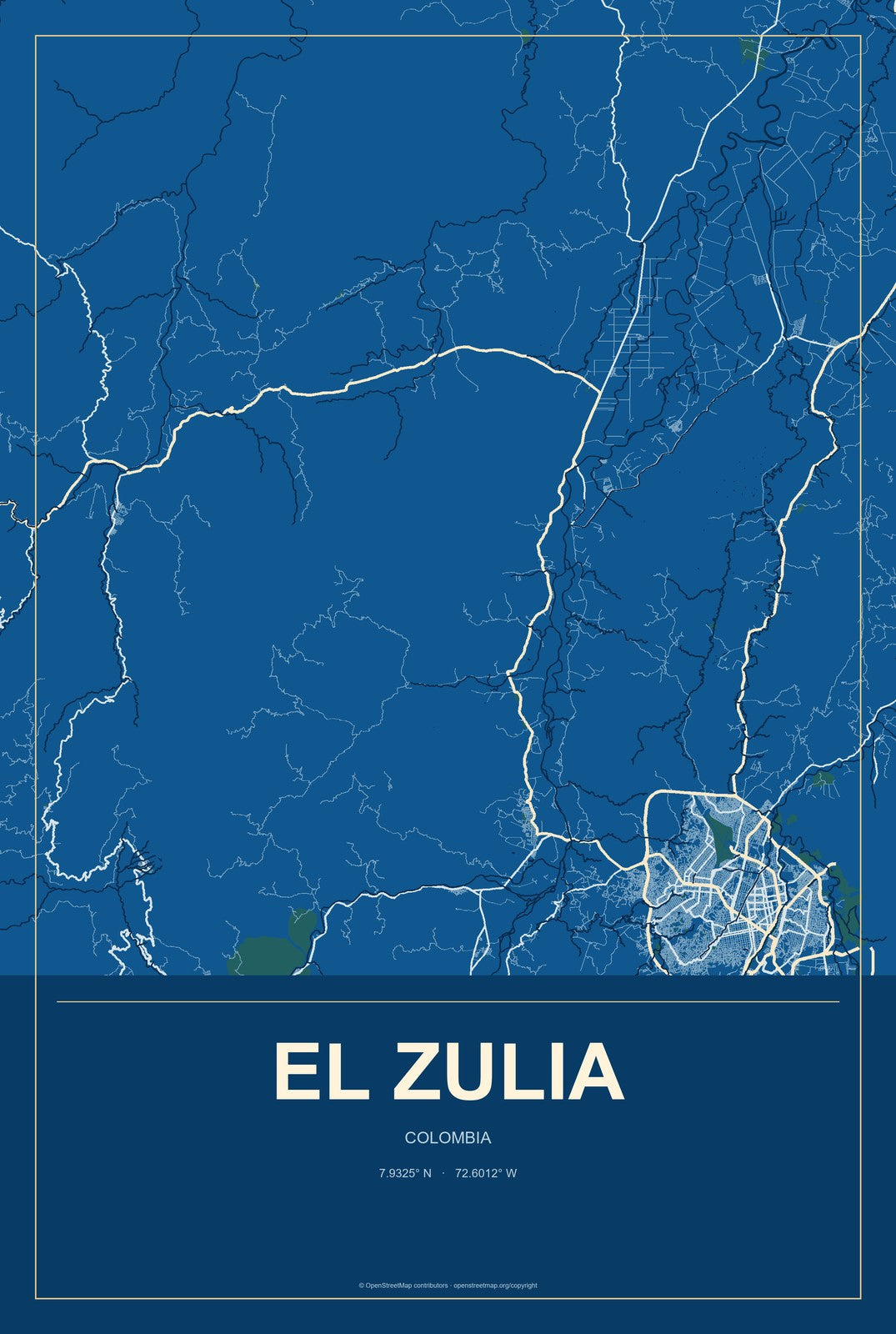 El Zulia, Colombia City Map Aluminum Sign in Harbor Cobalt style