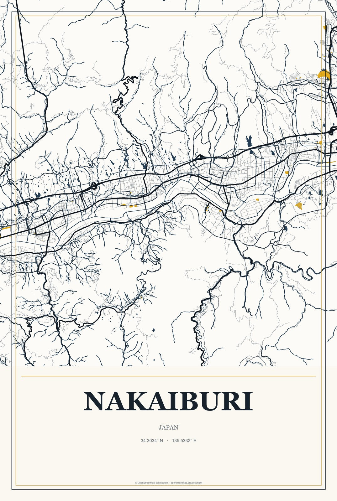 Nakaiburi, Japan City Map Aluminum Sign in Citrine Modern style