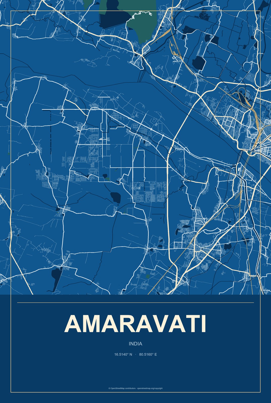 Amaravati, India City Map Aluminum Sign in Harbor Cobalt style