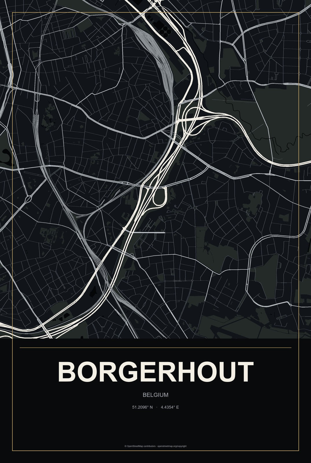 Borgerhout, Belgium City Map Aluminum Sign in Metropolitan Noir style