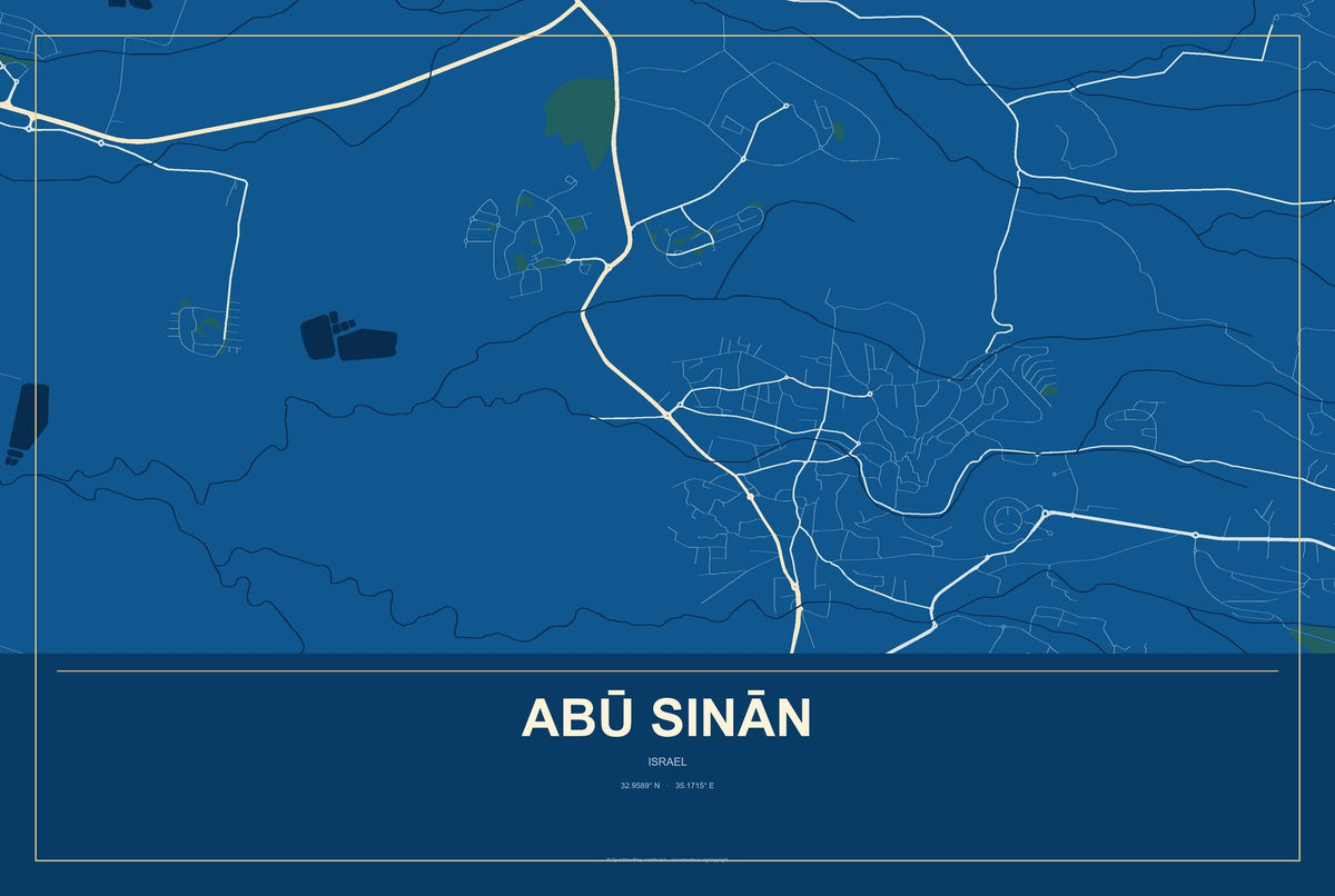 Abū Sinān, Israel City Map Aluminum Sign in Harbor Cobalt style