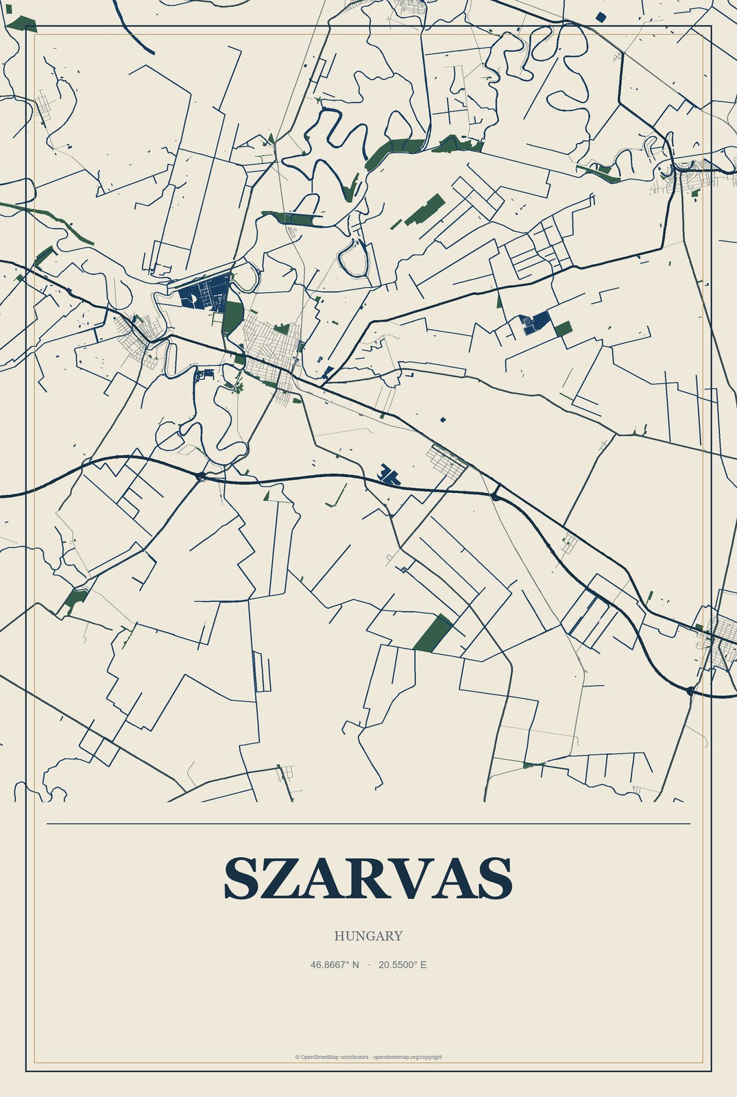 Szarvas, Hungary City Map Aluminum Sign in Coastal Cutout style