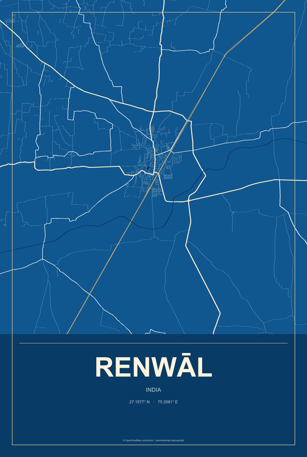 Renwāl, India City Map Aluminum Sign in Harbor Cobalt style
