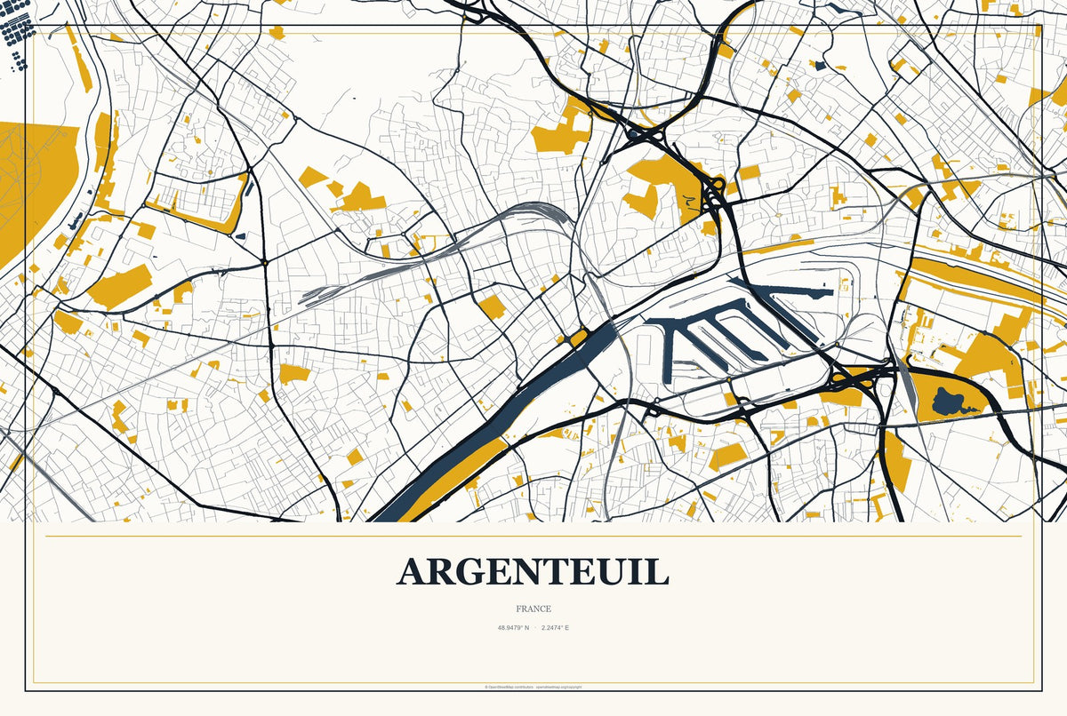 Argenteuil, France City Map Aluminum Sign in Citrine Modern style