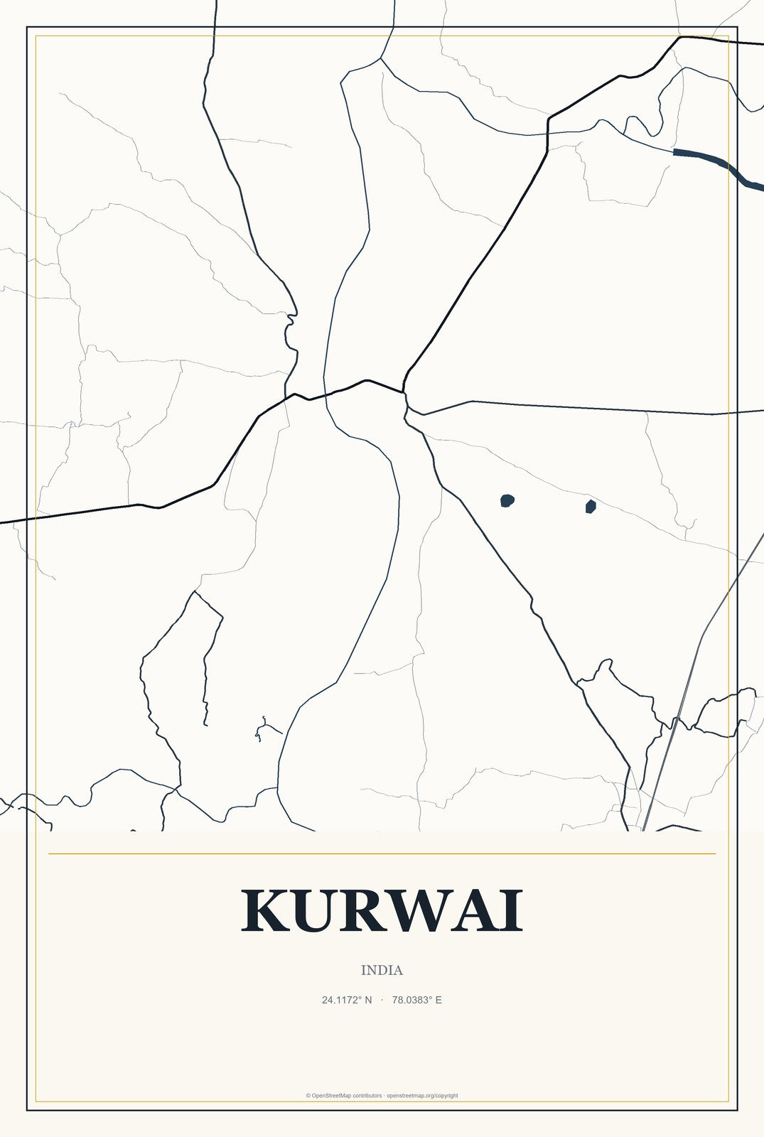 Kurwai, India City Map Aluminum Sign in Citrine Modern style