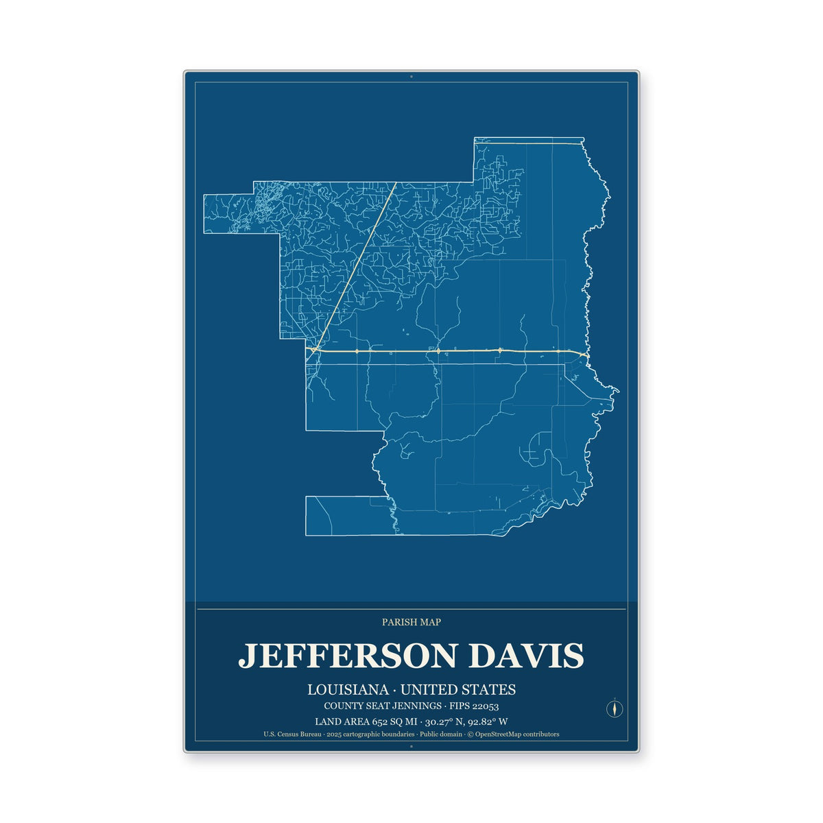Jefferson Davis Parish, Louisiana Map Aluminum Sign in Harbor Cobalt style