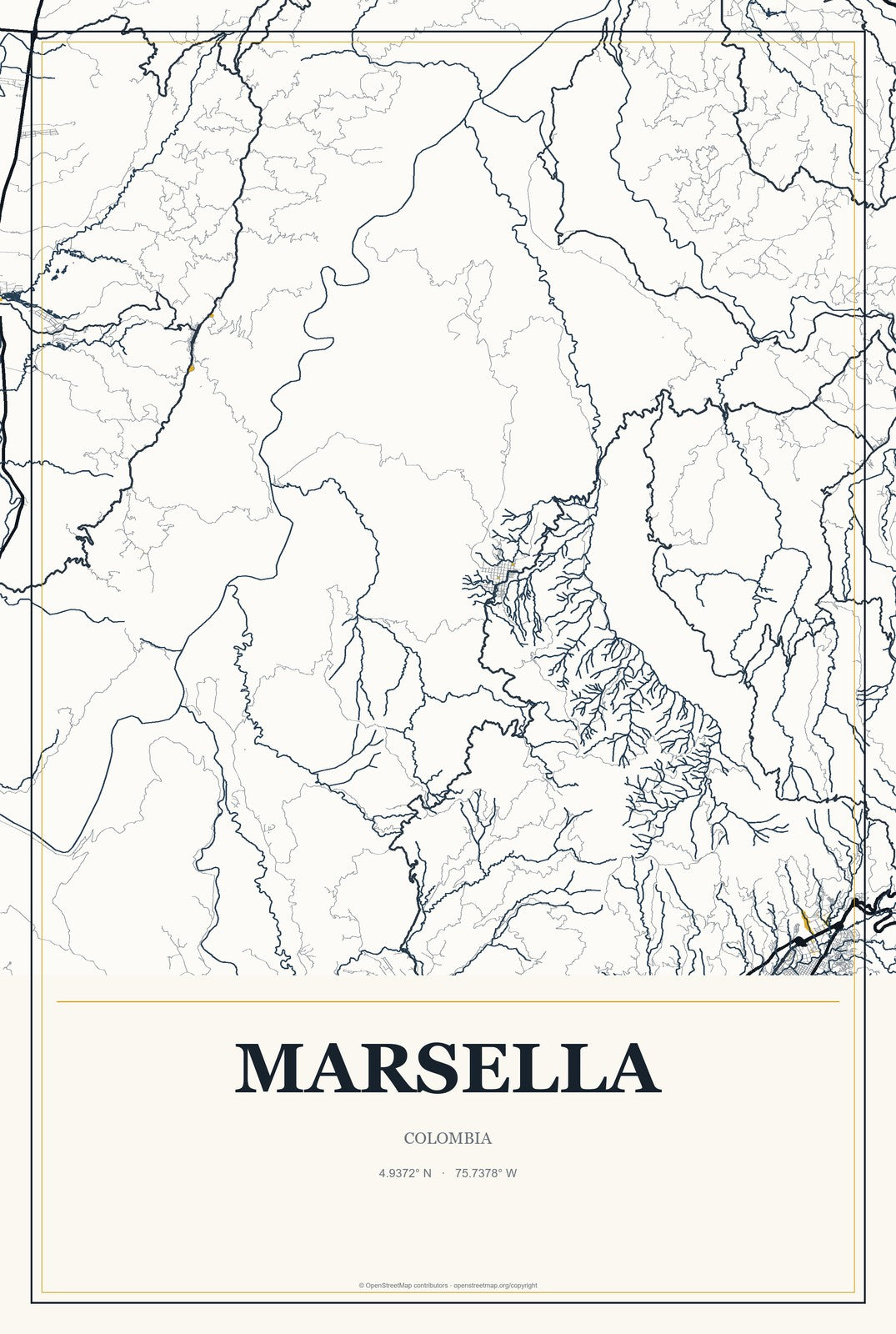 Marsella, Colombia City Map Aluminum Sign in Citrine Modern style