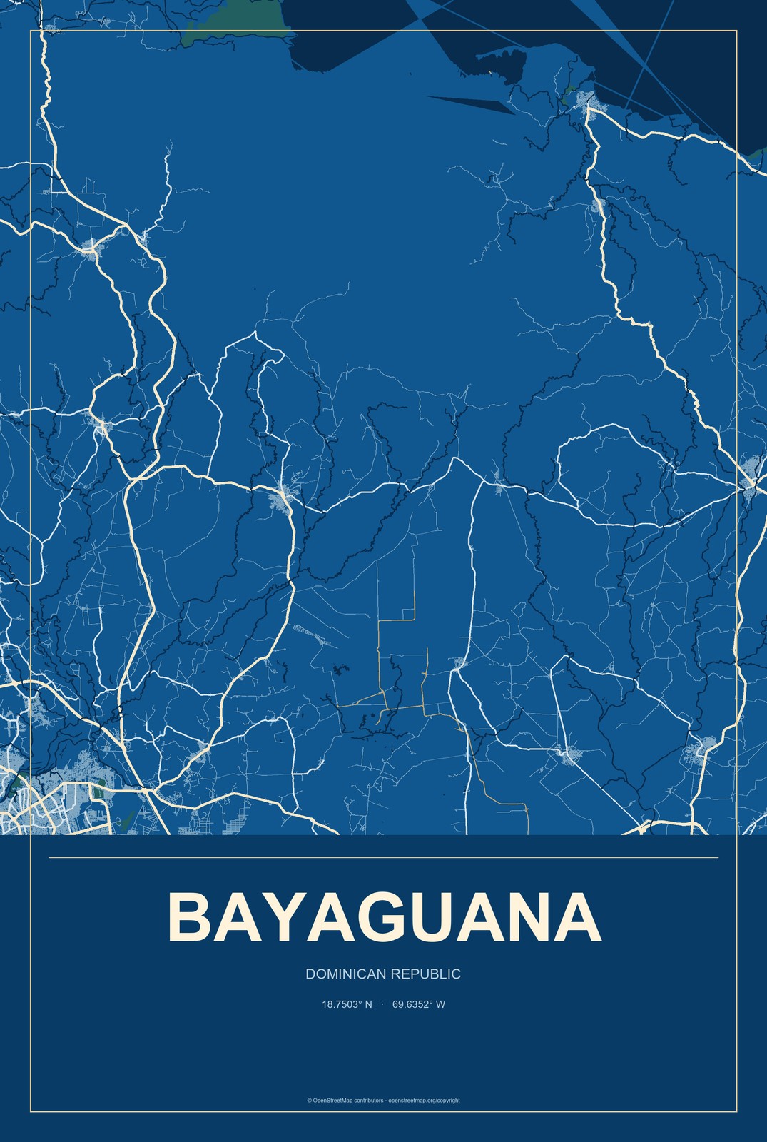 Bayaguana, Dominican Republic City Map Aluminum Sign in Harbor Cobalt style
