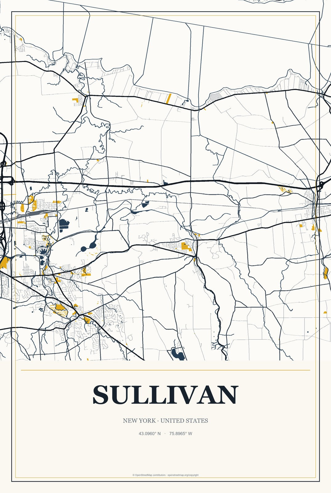 Sullivan, New York City Map Aluminum Sign in Citrine Modern style