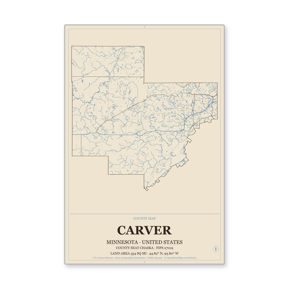 Carver County, Minnesota Map Aluminum Sign in Heritage Nautical style