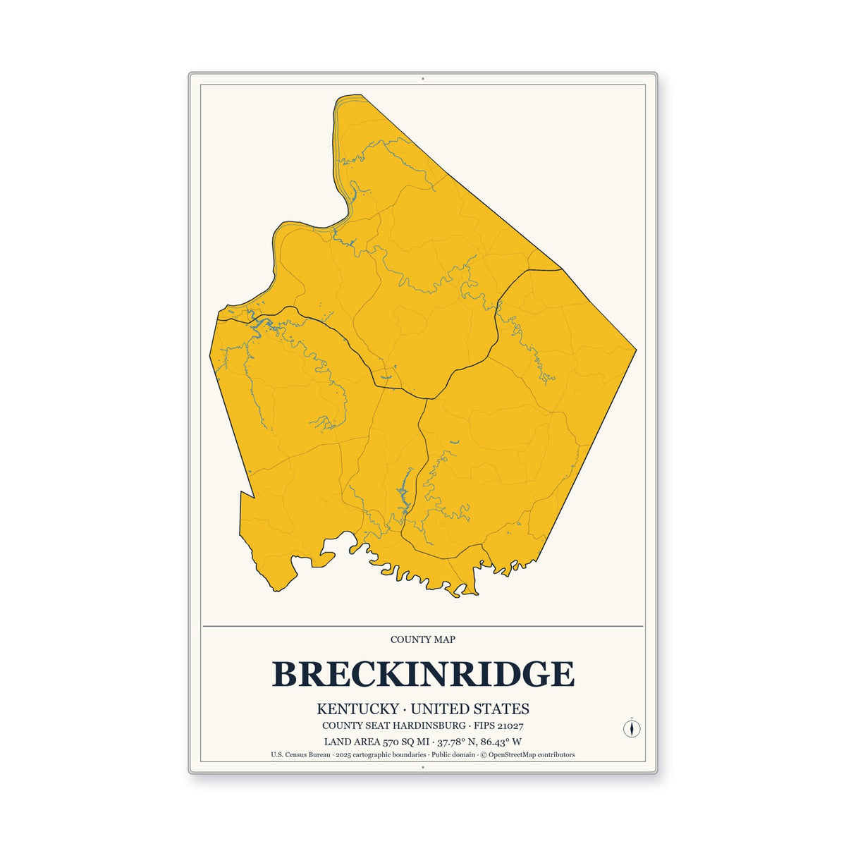 Breckinridge County, Kentucky Map Aluminum Sign in Citrine Modern style