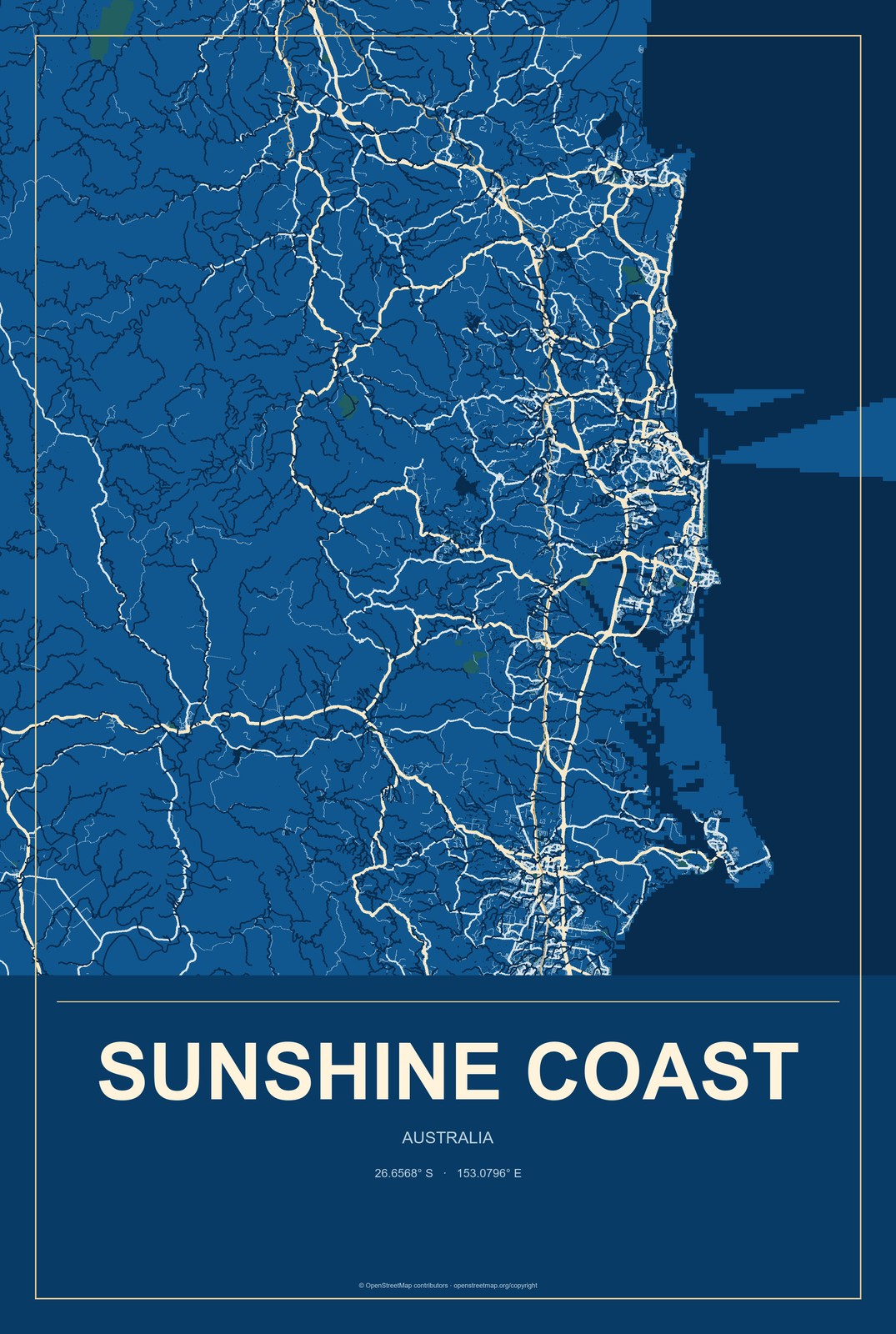 Sunshine Coast, Australia City Map Aluminum Sign in Harbor Cobalt style