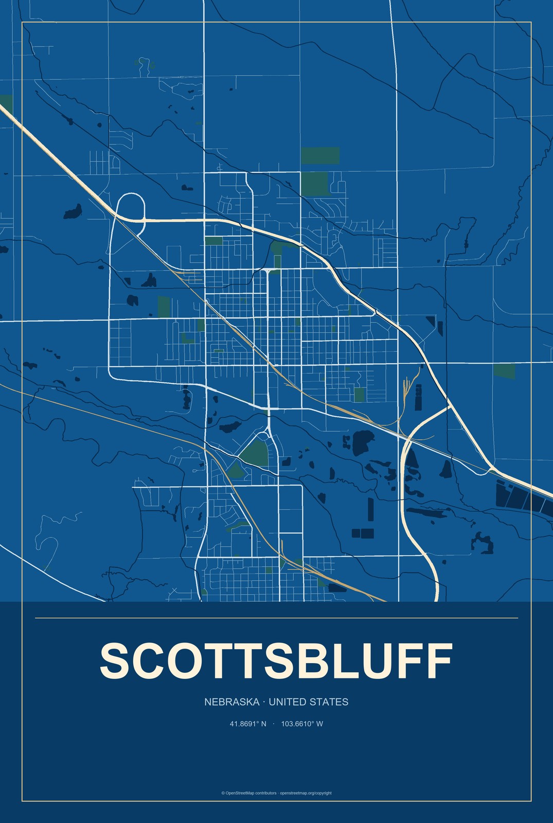 Scottsbluff, Nebraska City Map Aluminum Sign in Harbor Cobalt style