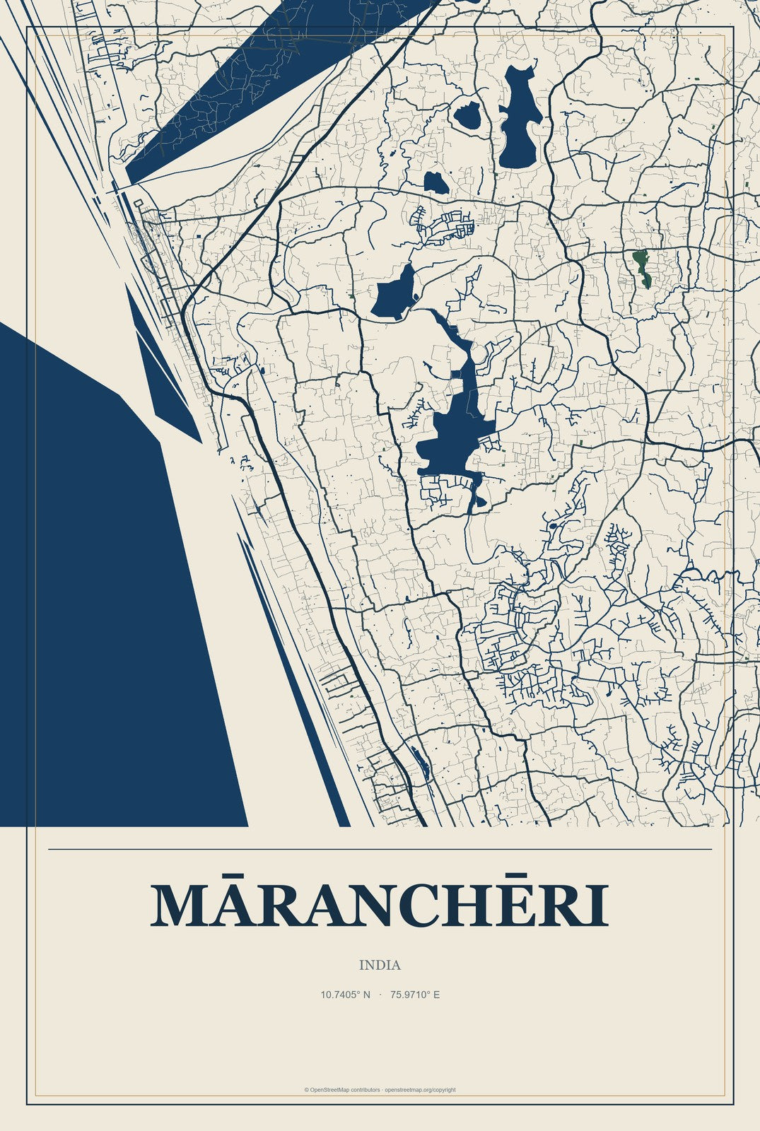 Māranchēri, India City Map Aluminum Sign in Coastal Cutout style