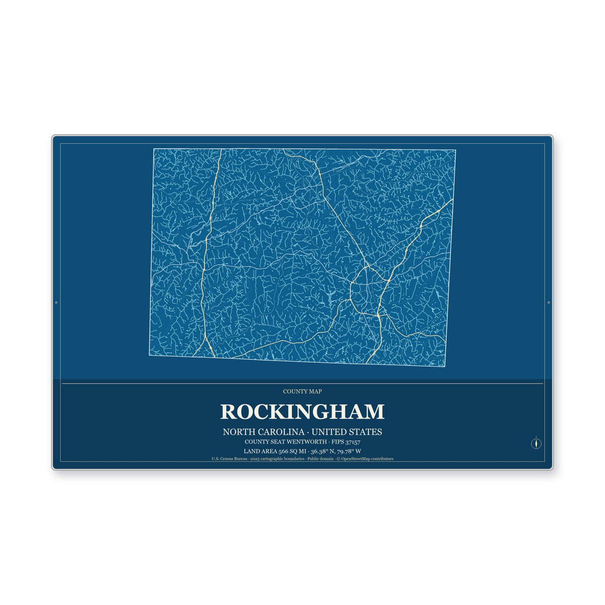 Rockingham County, North Carolina Map Aluminum Sign in Harbor Cobalt style